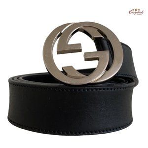 Authentic Gucci Black Calfskin Leather Silver Interlocking G Buckle Belt 95/38